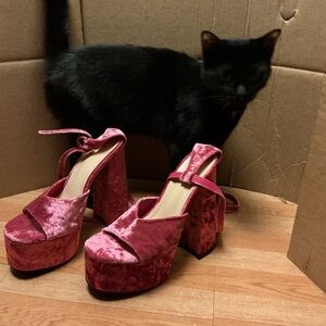 Velvet Platform Sandals in Rose Pink with Ankle Strap